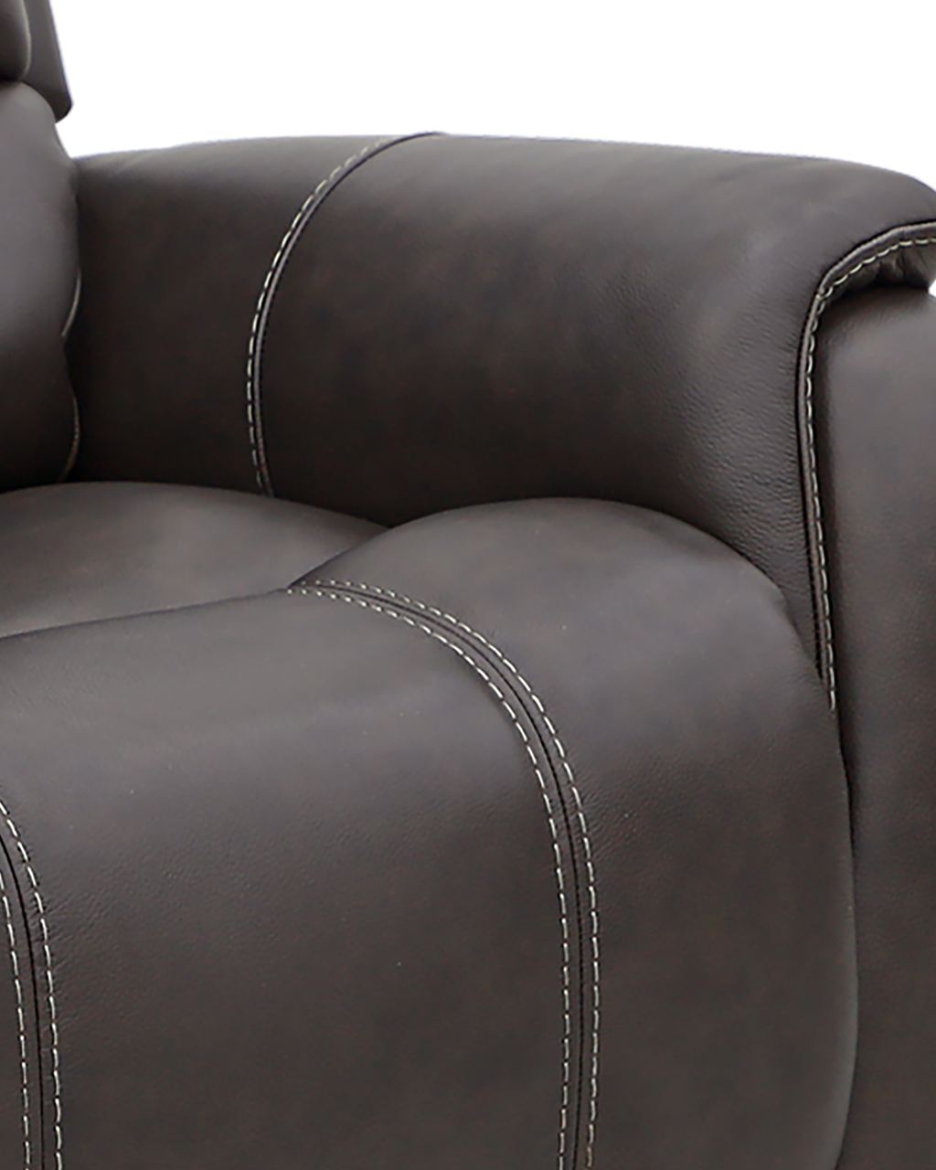 Close-up of a dark brown leather recliner arm and back, with contrast topstitching running along every seam.