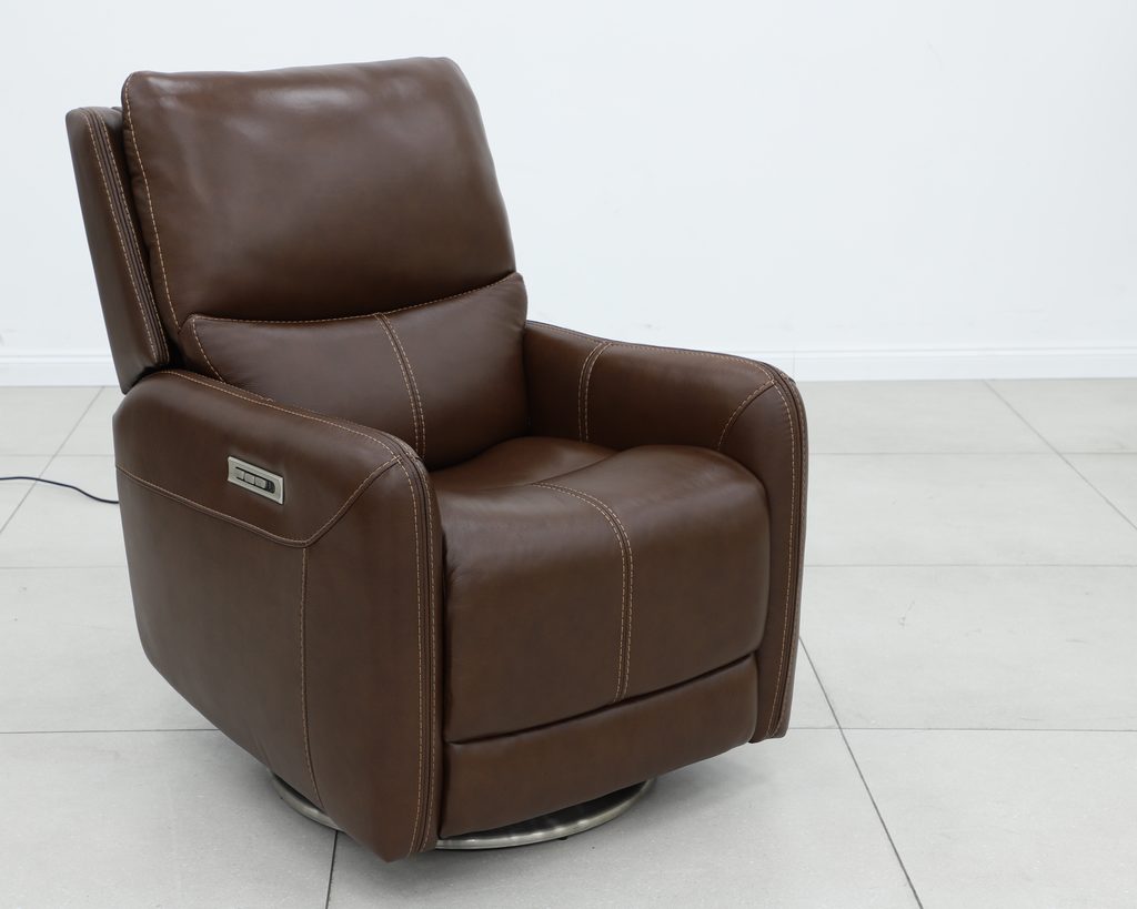 Brown leather swivel glider recliner on a polished steel base.