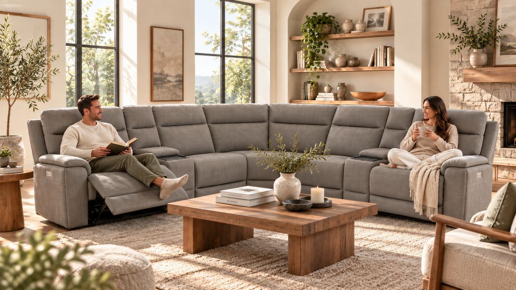 A gray fabric reclining sectional in a sunlit living room with a stone fireplace, a man reading in a reclined end seat and a woman with a mug at the other end.