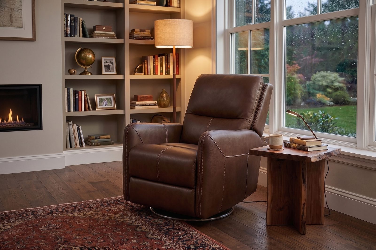 Brown leather swivel recliner beside a lit fireplace and built-in bookshelves.