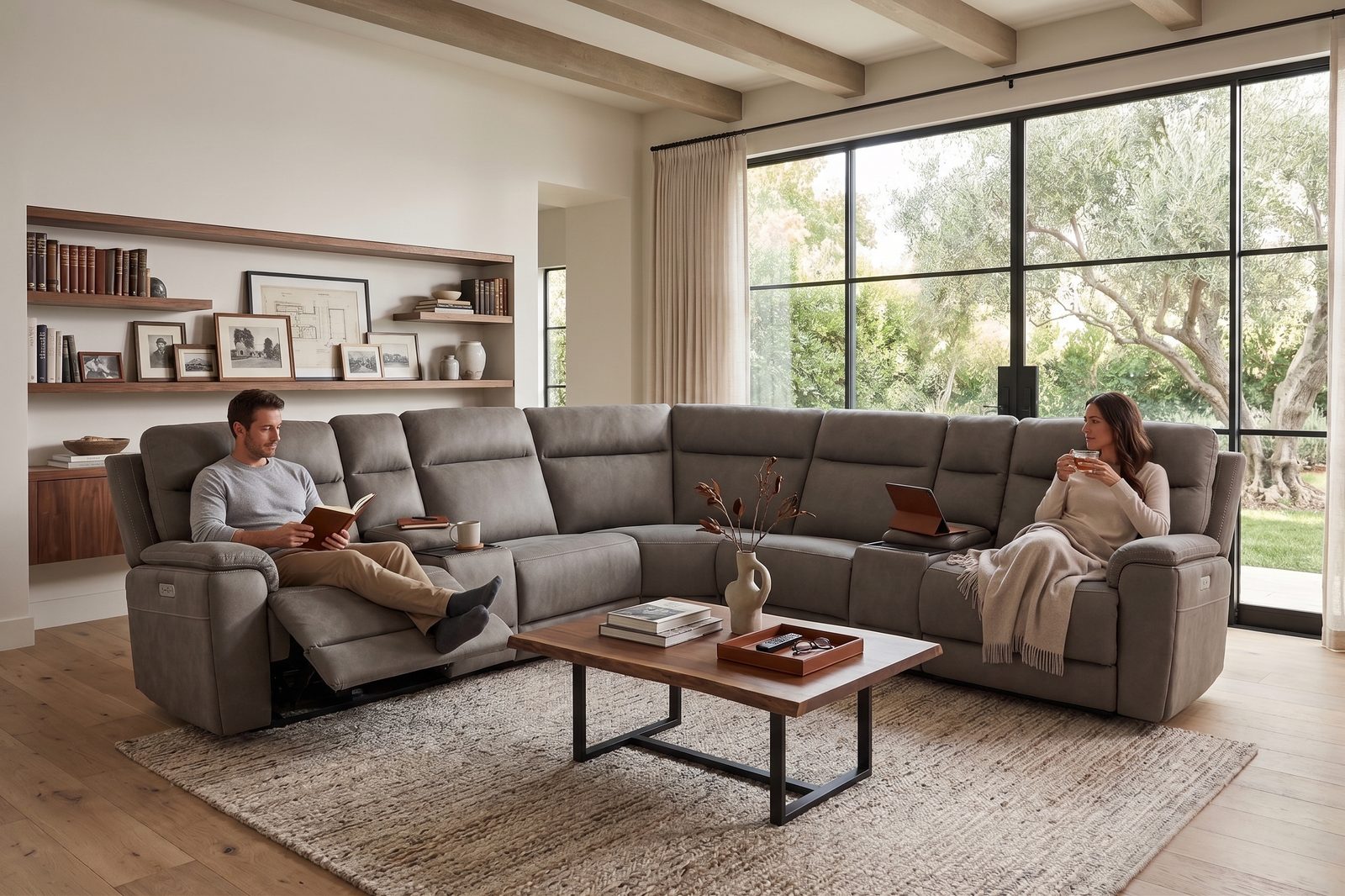 Two people relaxing in a sunlit living room on a large grey power reclining sectional.