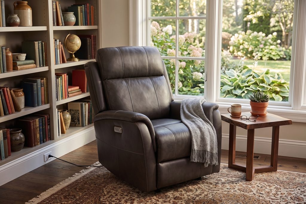 Leather power recliner beside a sunlit garden window, with a throw over the arm.