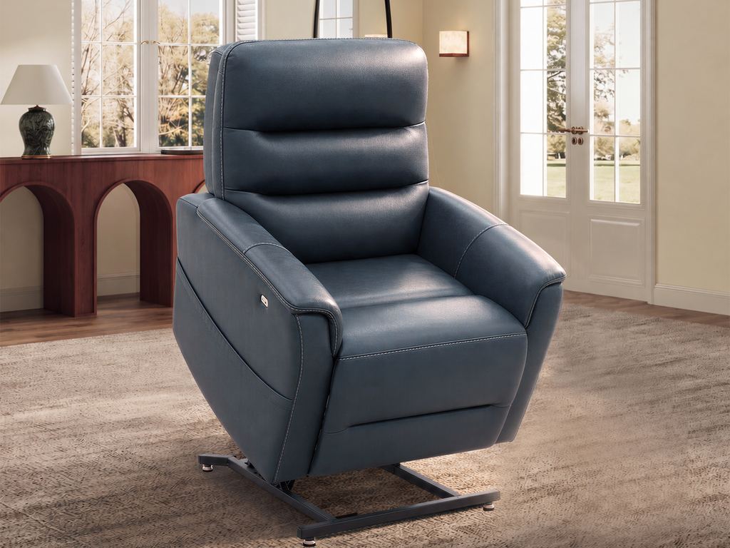 The navy lift chair raised and tilted forward into its standing-assist position.