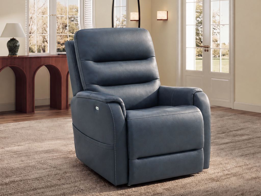 A navy blue power lift chair with a channel-stitched back, in a cream room with french doors.
