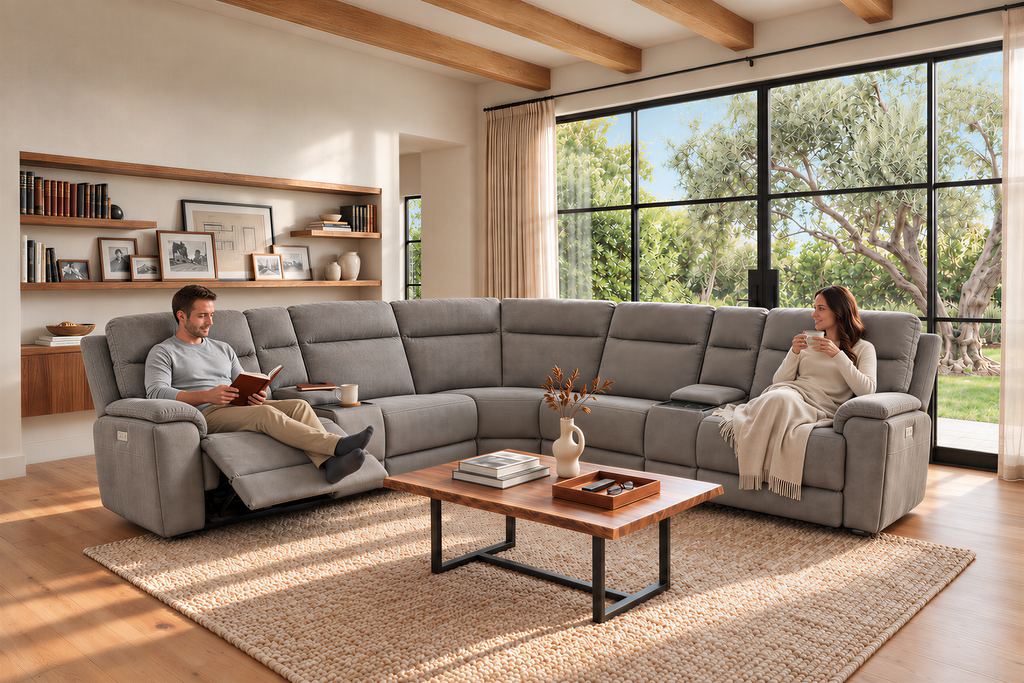 Two people relaxing at either end of a gray fabric reclining sectional, one reading with the seat reclined, in a living room that opens onto a garden.