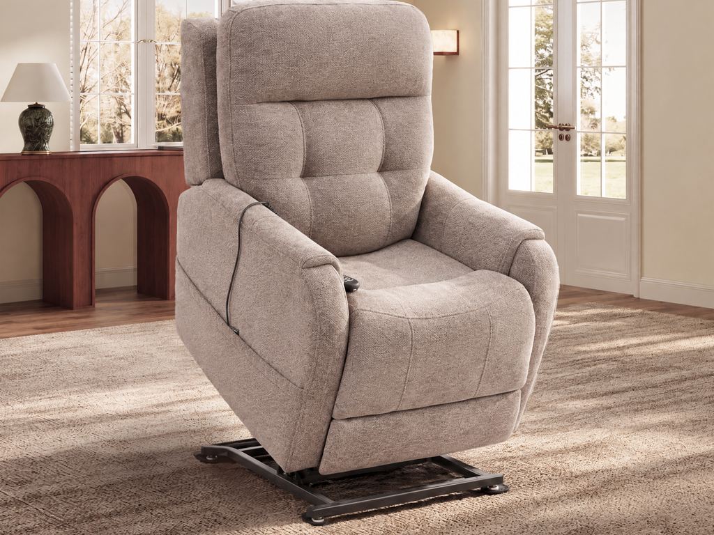 The mocha lift chair raised and tilted forward into its standing-assist position.