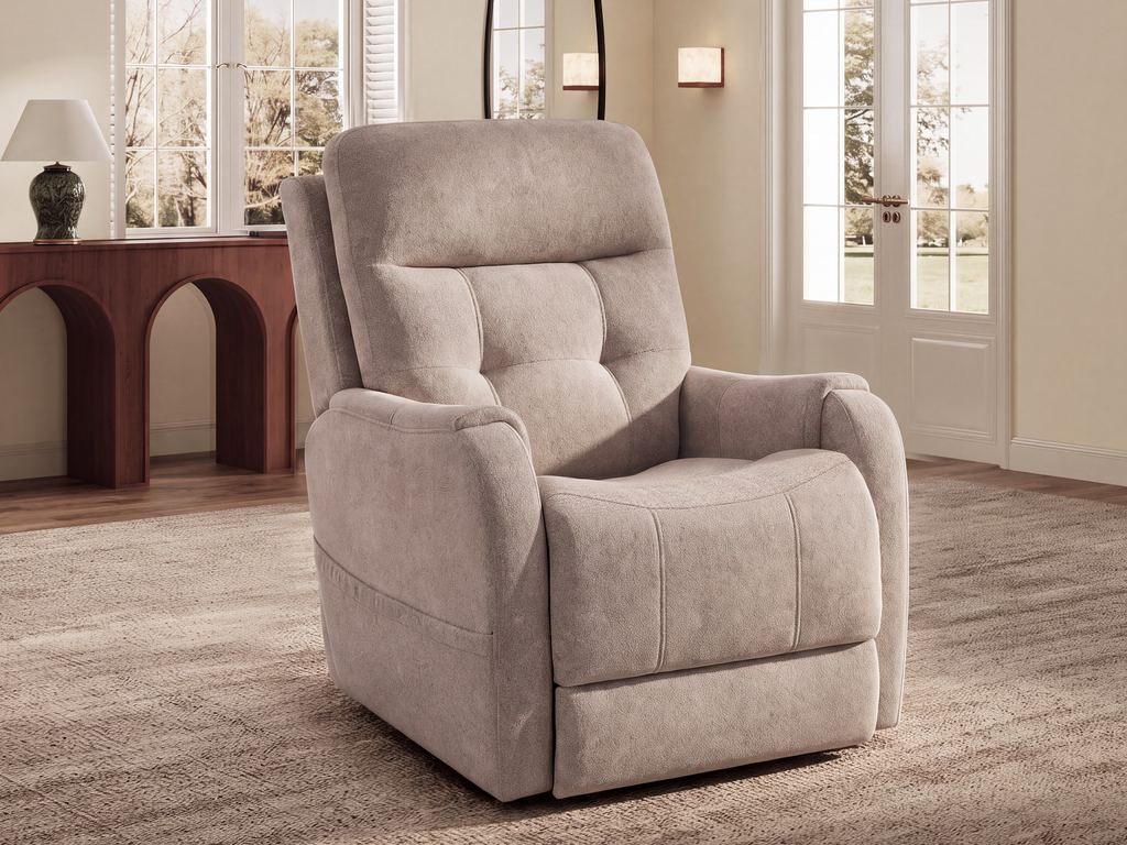 A mocha fabric power lift chair with a channel-stitched back, in a cream room with french doors.